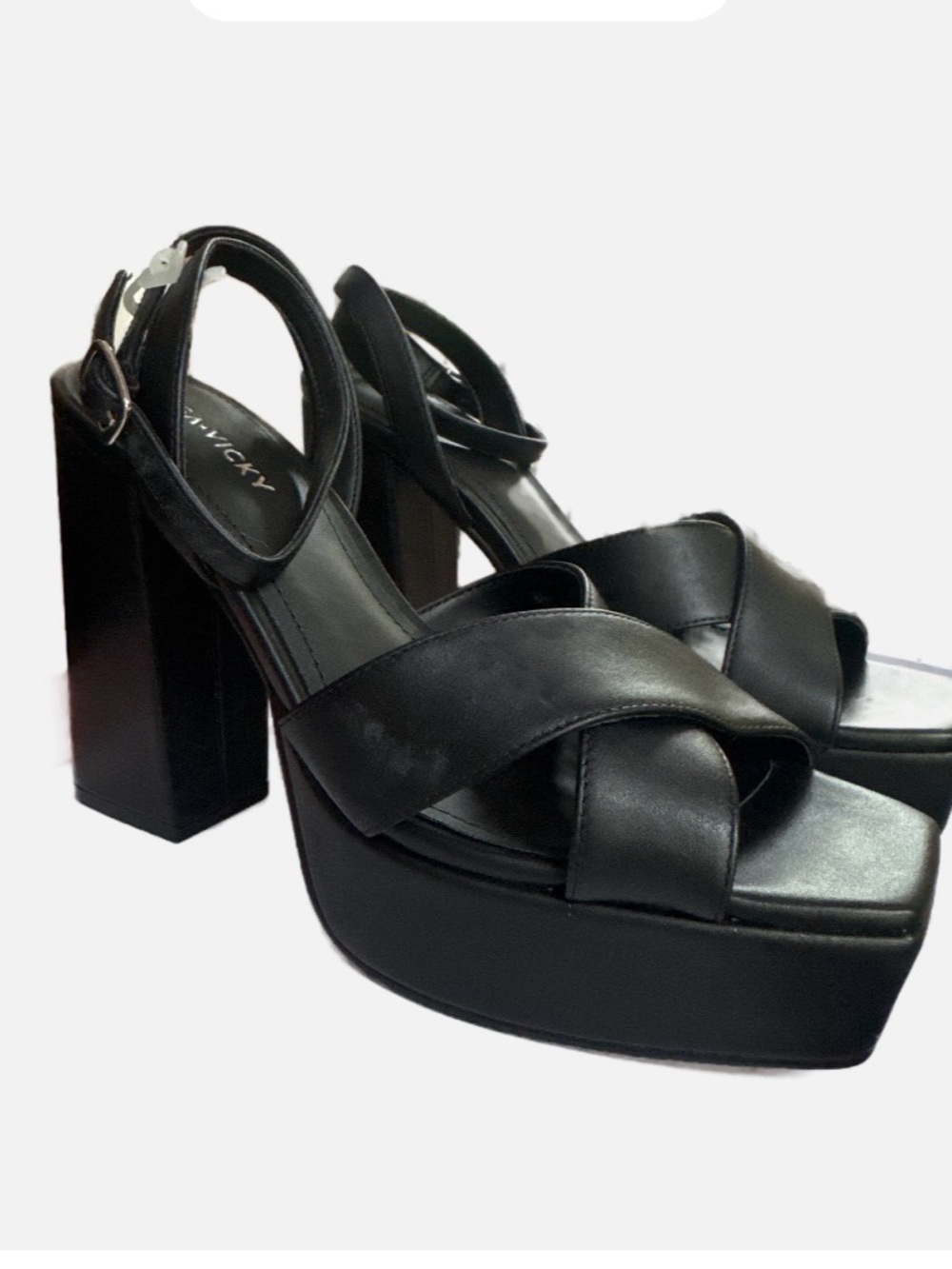 Chunky Black Leather Platform Ankle Wrap Sandals with Crossover Straps